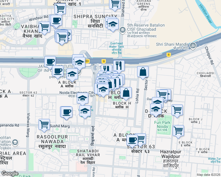 map of restaurants, bars, coffee shops, grocery stores, and more near in Noida