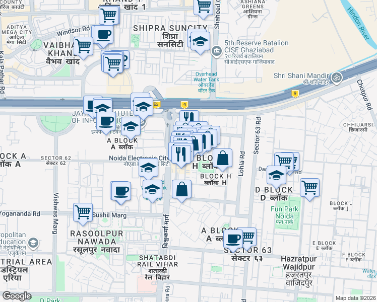 map of restaurants, bars, coffee shops, grocery stores, and more near in Noida
