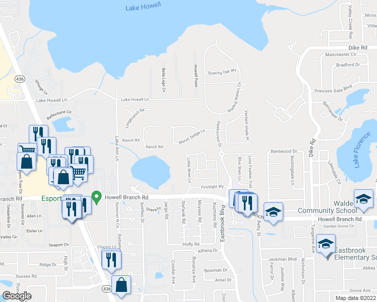 map of restaurants, bars, coffee shops, grocery stores, and more near 2215 Marsh Sedge Lane in Winter Park