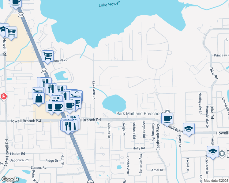 map of restaurants, bars, coffee shops, grocery stores, and more near 203 Ranch Road in Winter Park