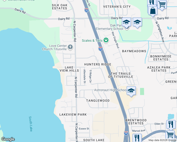 map of restaurants, bars, coffee shops, grocery stores, and more near 3675 South Ridge Circle in Titusville