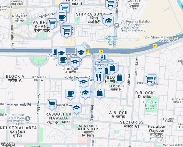 map of restaurants, bars, coffee shops, grocery stores, and more near in Noida