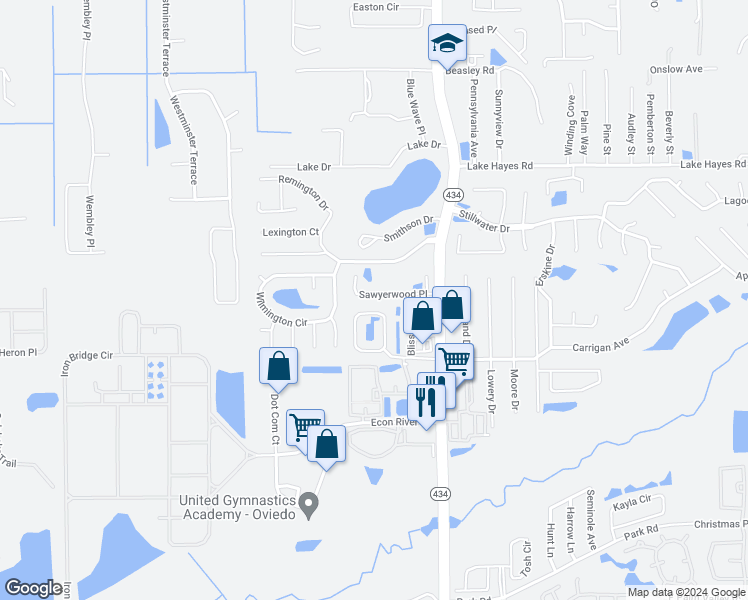 map of restaurants, bars, coffee shops, grocery stores, and more near 237 Sawyerwood Place in Oviedo