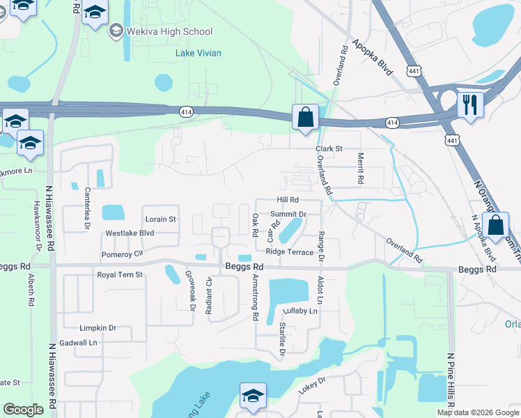 map of restaurants, bars, coffee shops, grocery stores, and more near 6434 Hill Road in Orlando