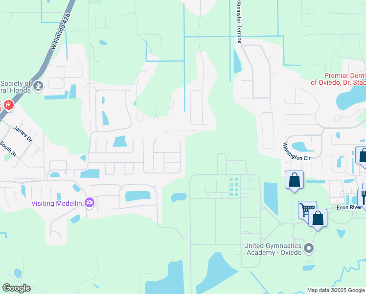 map of restaurants, bars, coffee shops, grocery stores, and more near 5420 White Heron Place in Oviedo