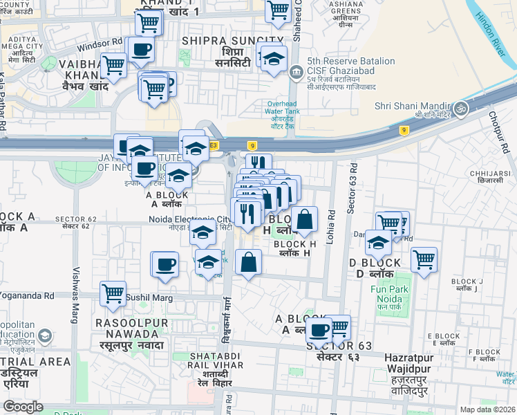 map of restaurants, bars, coffee shops, grocery stores, and more near in Noida