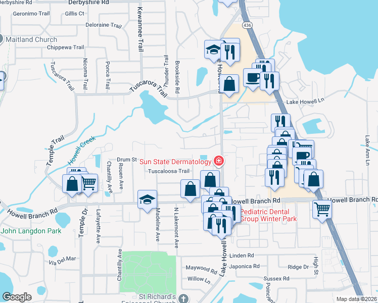 map of restaurants, bars, coffee shops, grocery stores, and more near 2637 Queen Mary Place in Maitland