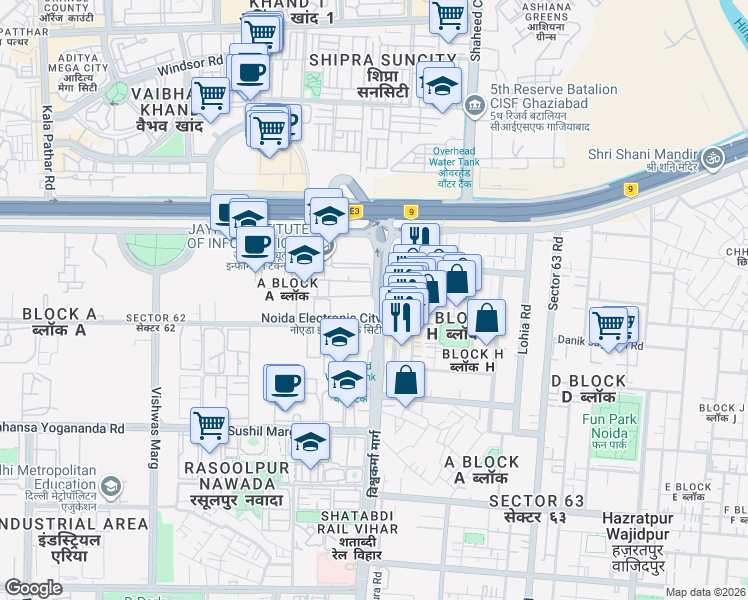 map of restaurants, bars, coffee shops, grocery stores, and more near in Noida
