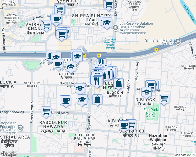 map of restaurants, bars, coffee shops, grocery stores, and more near in Noida