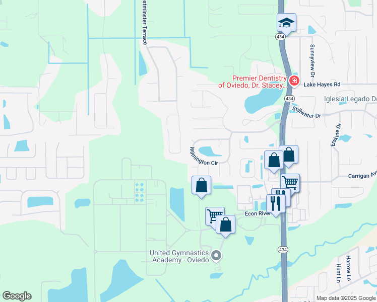 map of restaurants, bars, coffee shops, grocery stores, and more near 464 Wilmington Circle in Oviedo