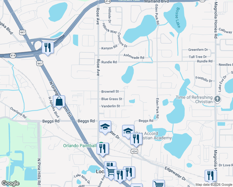 map of restaurants, bars, coffee shops, grocery stores, and more near 5324 Brownell Street in Orlando