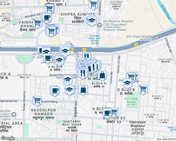 map of restaurants, bars, coffee shops, grocery stores, and more near in Noida