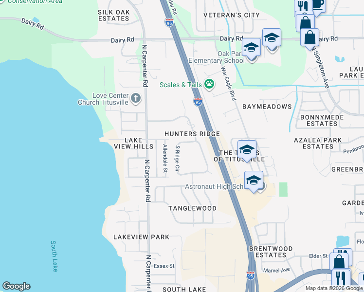 map of restaurants, bars, coffee shops, grocery stores, and more near 3675 S Ridge Cir in Titusville