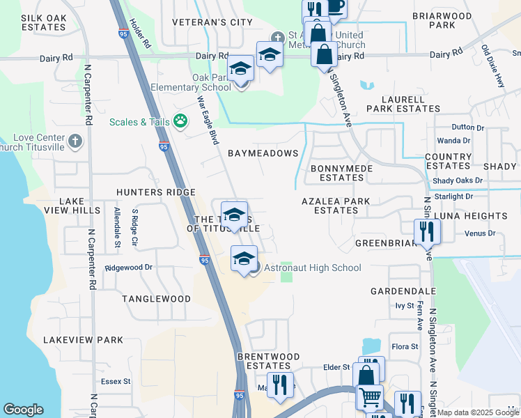 map of restaurants, bars, coffee shops, grocery stores, and more near 3536 Nikon Court in Titusville