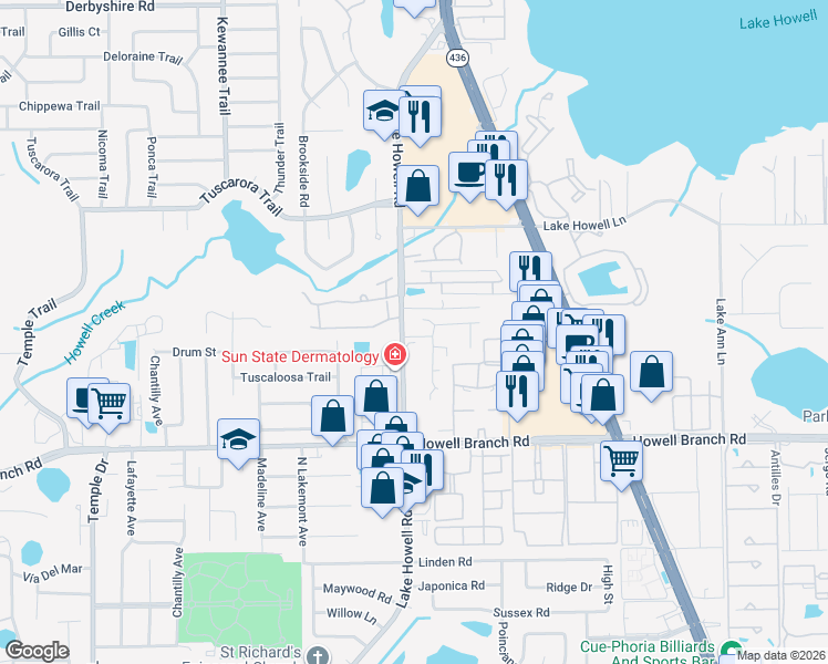 map of restaurants, bars, coffee shops, grocery stores, and more near 477 Lake Howell Road in Maitland