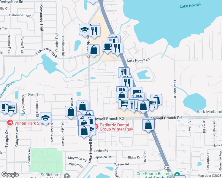 map of restaurants, bars, coffee shops, grocery stores, and more near 1995 Water Lane in Maitland