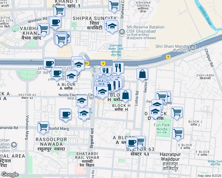 map of restaurants, bars, coffee shops, grocery stores, and more near in Noida