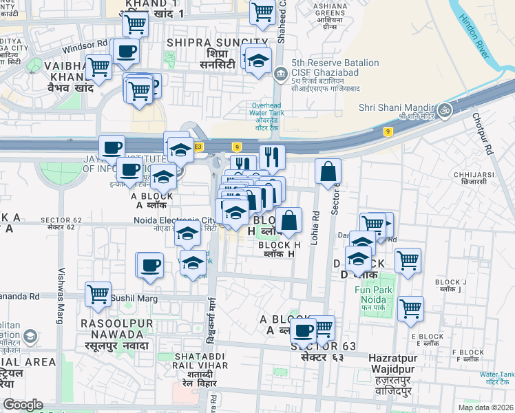 map of restaurants, bars, coffee shops, grocery stores, and more near in Noida