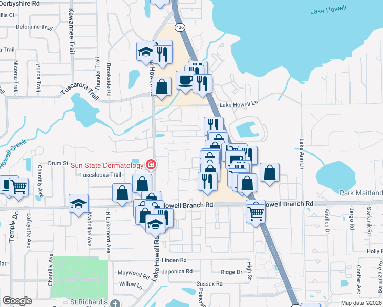 map of restaurants, bars, coffee shops, grocery stores, and more near 1995 Water Lane in Maitland