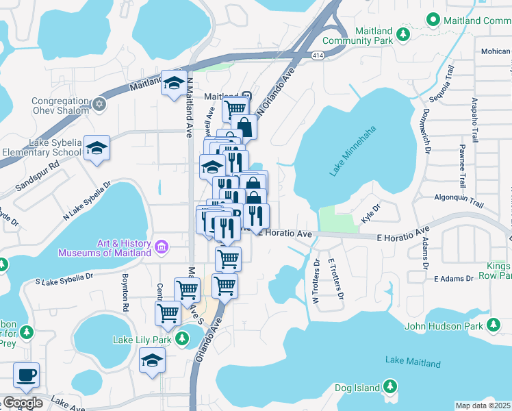 map of restaurants, bars, coffee shops, grocery stores, and more near 236 North Swoope Avenue in Maitland