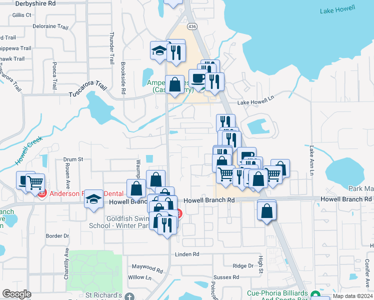 map of restaurants, bars, coffee shops, grocery stores, and more near 1955 Water Lane in Maitland