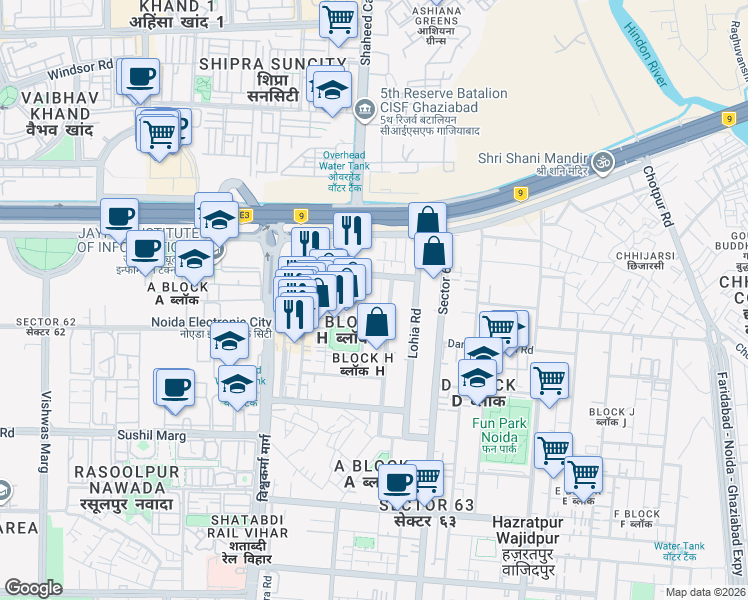 map of restaurants, bars, coffee shops, grocery stores, and more near H-35 Sector 63 Road in Noida