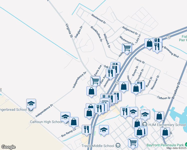 map of restaurants, bars, coffee shops, grocery stores, and more near 101 Davis Avenue in Port Lavaca