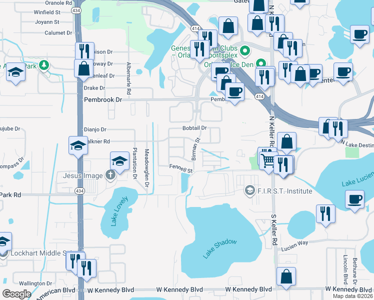 map of restaurants, bars, coffee shops, grocery stores, and more near 2110 Korat Lane in Maitland