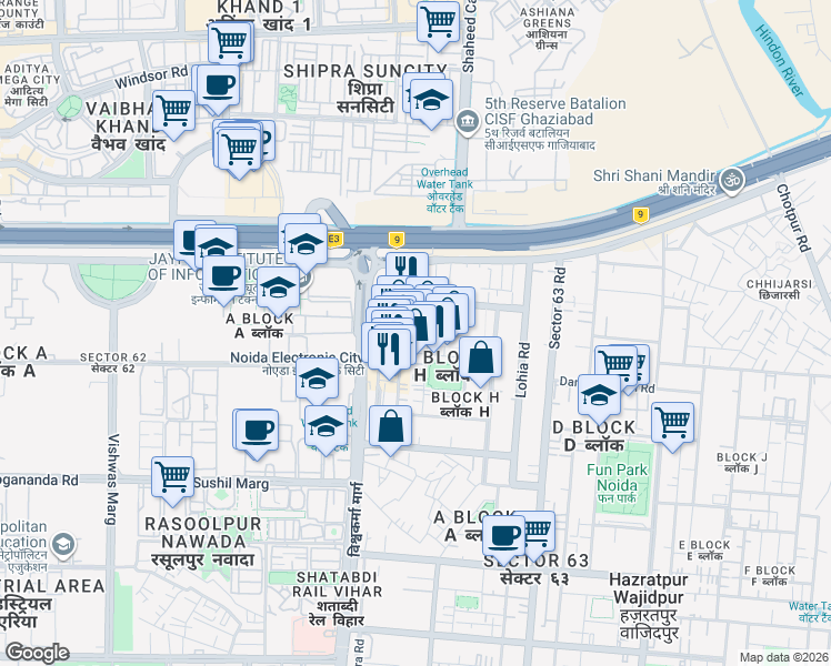 map of restaurants, bars, coffee shops, grocery stores, and more near B Block Road in Noida