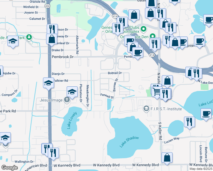 map of restaurants, bars, coffee shops, grocery stores, and more near 2110 Korat Lane in Maitland