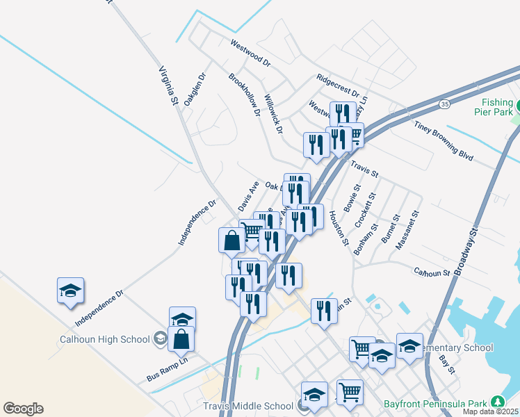 map of restaurants, bars, coffee shops, grocery stores, and more near 203 Cheeves Avenue in Port Lavaca
