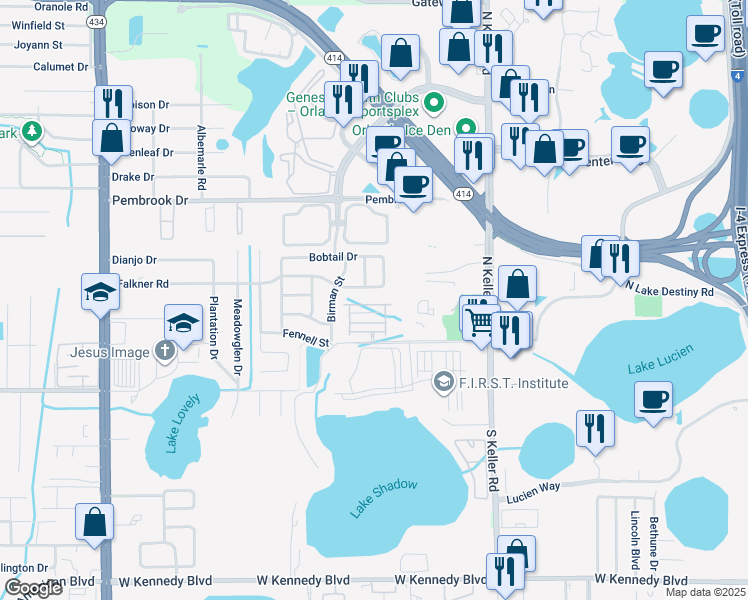 map of restaurants, bars, coffee shops, grocery stores, and more near 2008 Michael Tiago Circle in Maitland