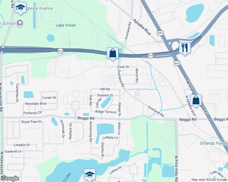 map of restaurants, bars, coffee shops, grocery stores, and more near 6318 Hill Road in Orlando