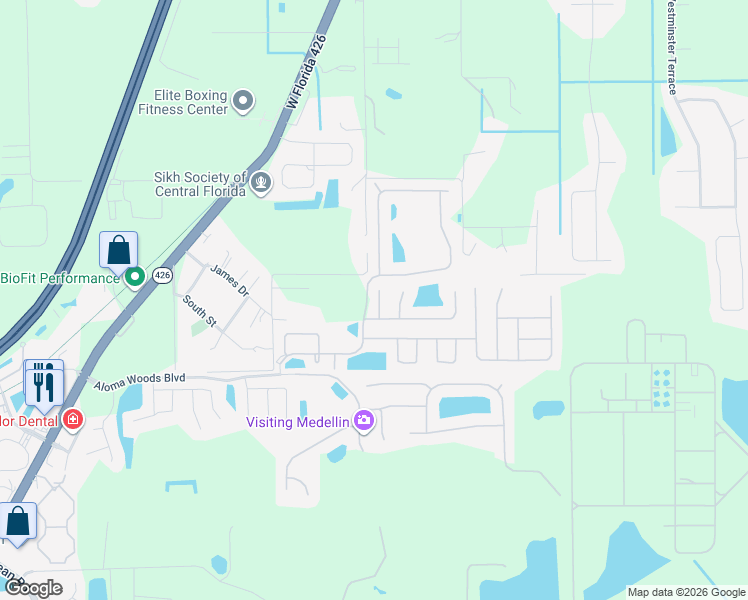 map of restaurants, bars, coffee shops, grocery stores, and more near 5532 Misty Wood Court in Oviedo