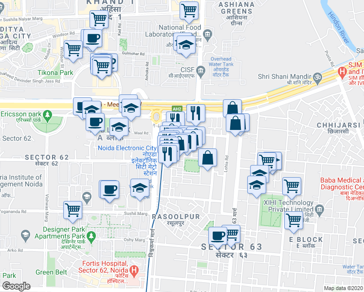 map of restaurants, bars, coffee shops, grocery stores, and more near in Noida