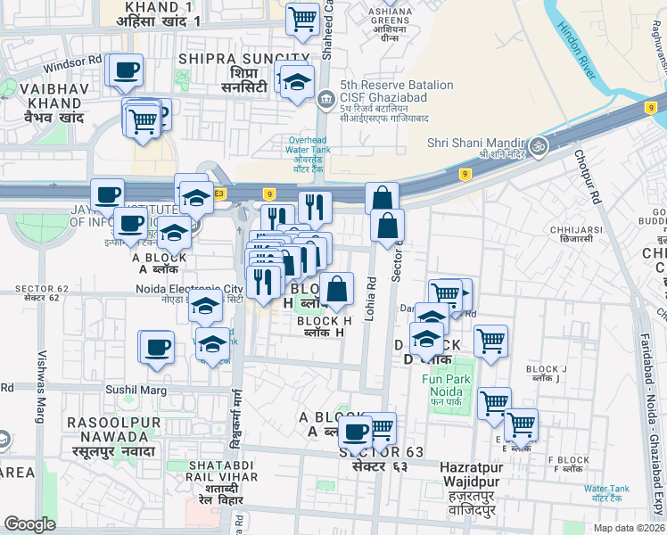 map of restaurants, bars, coffee shops, grocery stores, and more near in Noida