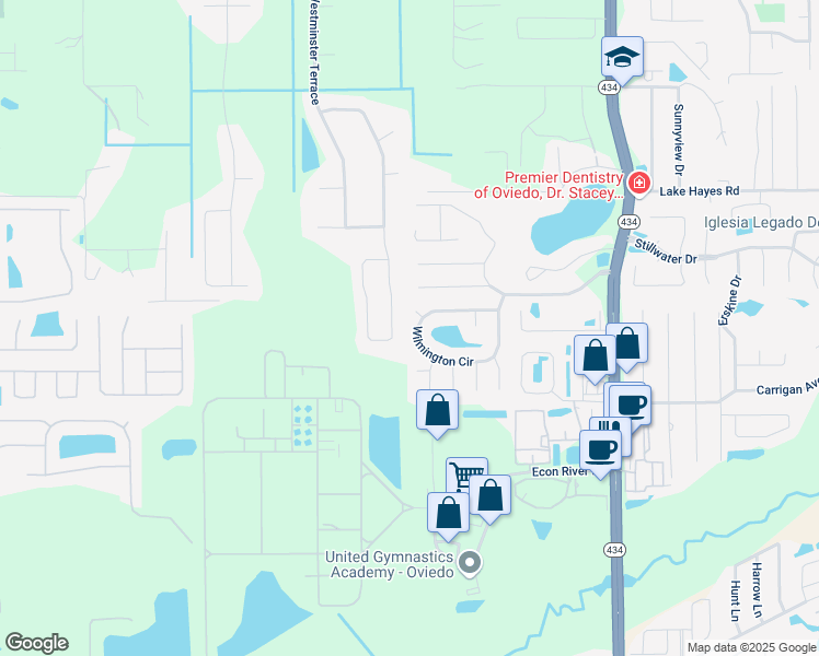 map of restaurants, bars, coffee shops, grocery stores, and more near 464 Wilmington Cir in Oviedo