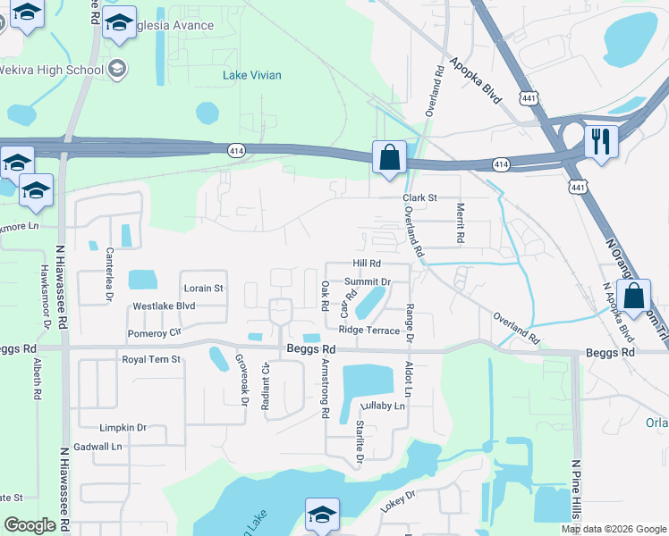 map of restaurants, bars, coffee shops, grocery stores, and more near 6434 Hill Road in Orlando