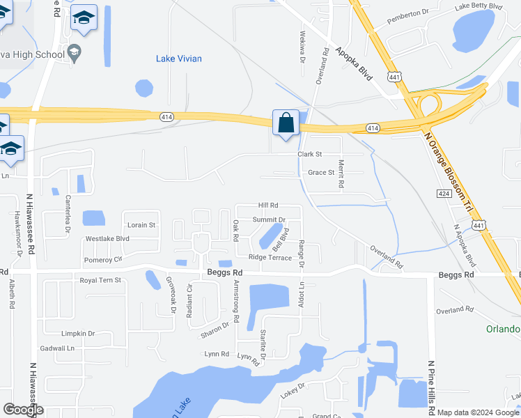 map of restaurants, bars, coffee shops, grocery stores, and more near 6404 Hill Road in Orlando