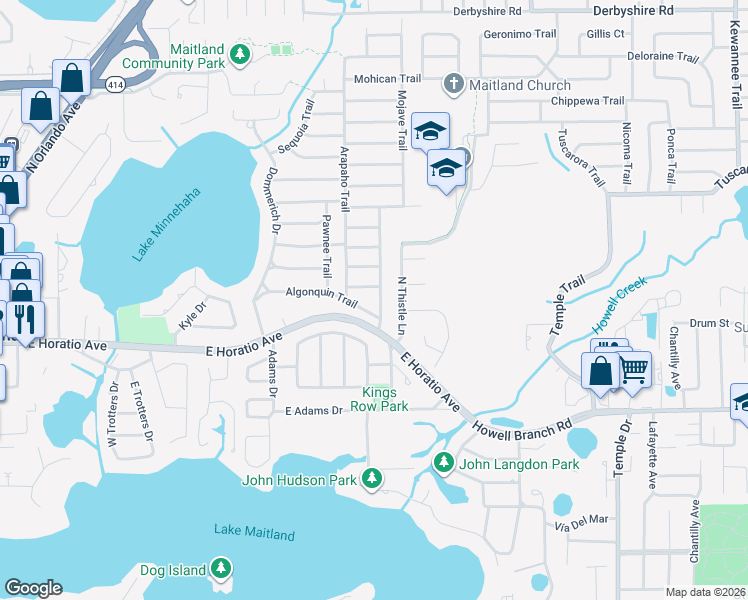 map of restaurants, bars, coffee shops, grocery stores, and more near 231 Seneca Trail in Maitland