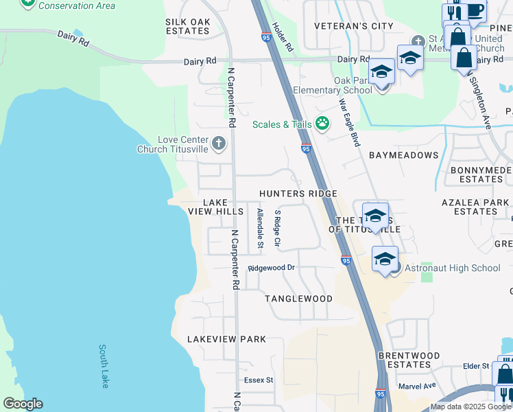 map of restaurants, bars, coffee shops, grocery stores, and more near 3925 Baker Avenue in Titusville