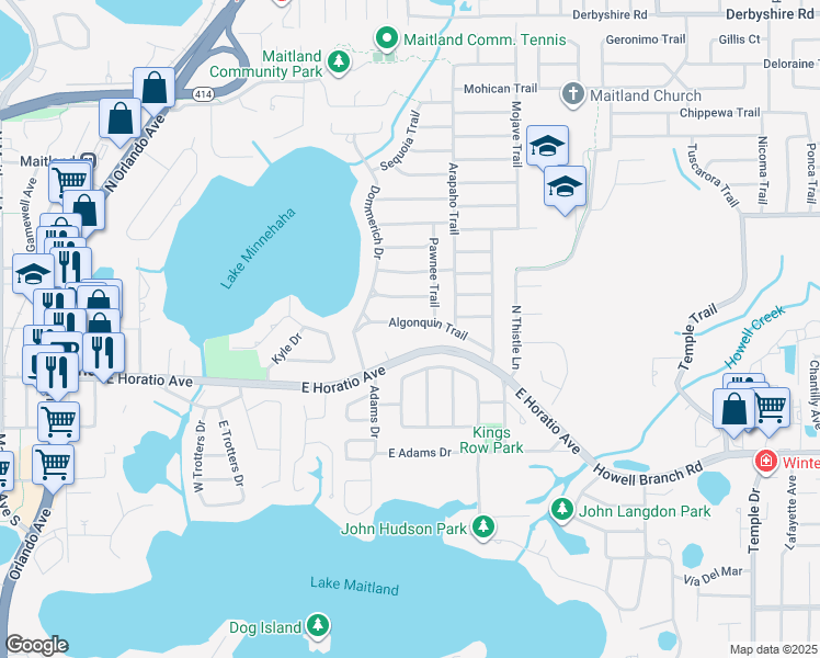 map of restaurants, bars, coffee shops, grocery stores, and more near 1656 Algonquin Trail in Maitland
