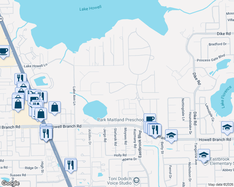 map of restaurants, bars, coffee shops, grocery stores, and more near 2215 Marsh Sedge Lane in Winter Park