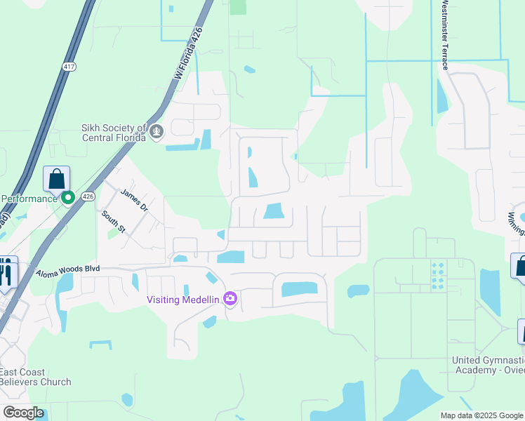 map of restaurants, bars, coffee shops, grocery stores, and more near 5555 Canteen Court in Oviedo