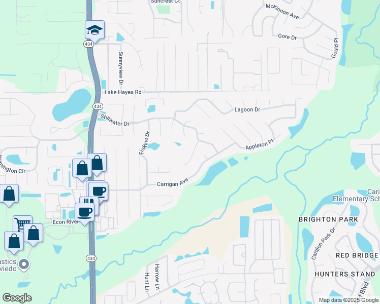 map of restaurants, bars, coffee shops, grocery stores, and more near 3038 Riviera Bay Court in Oviedo