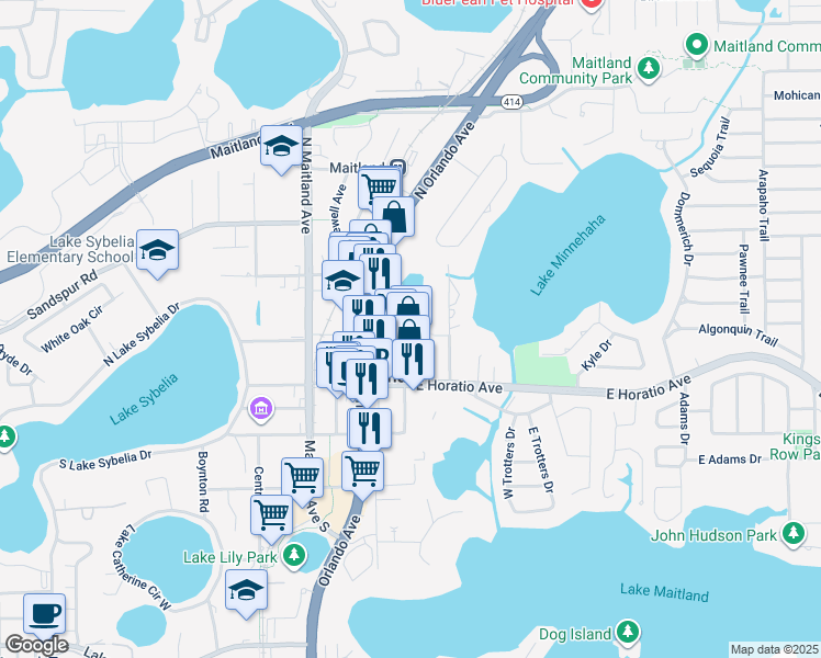map of restaurants, bars, coffee shops, grocery stores, and more near 236 North Swoope Avenue in Maitland