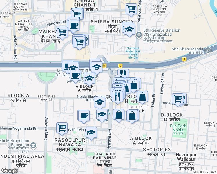 map of restaurants, bars, coffee shops, grocery stores, and more near in Noida