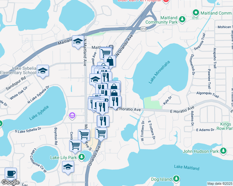 map of restaurants, bars, coffee shops, grocery stores, and more near 236 North Swoope Avenue in Maitland