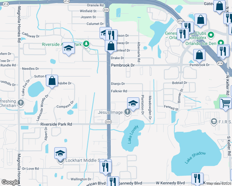 map of restaurants, bars, coffee shops, grocery stores, and more near 2622 Falkner Road in Orlando