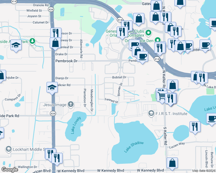 map of restaurants, bars, coffee shops, grocery stores, and more near 2127 Korat Lane in Maitland